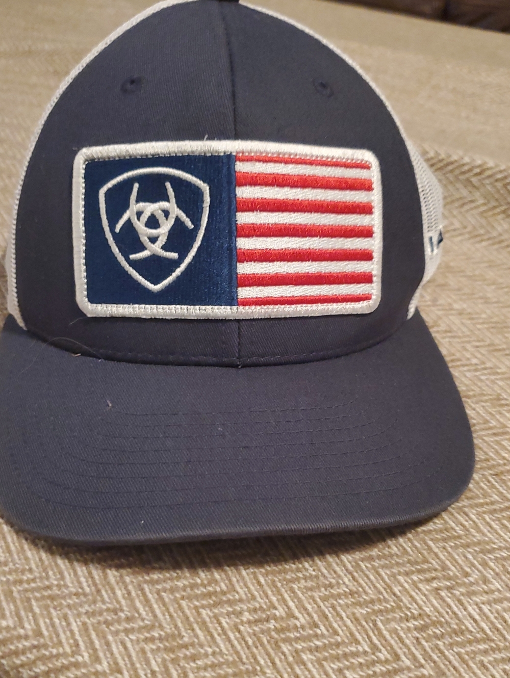 Ariat  Navy and White Trucker Hat with Flag Patch